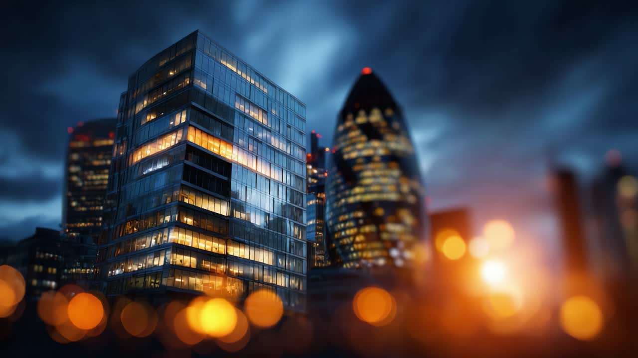 Paesaggio urbano mozzafiato di notte: grattacieli illuminati su un cielo spettacolare con luci bokeh che creano un'affascinante atmosfera urbana