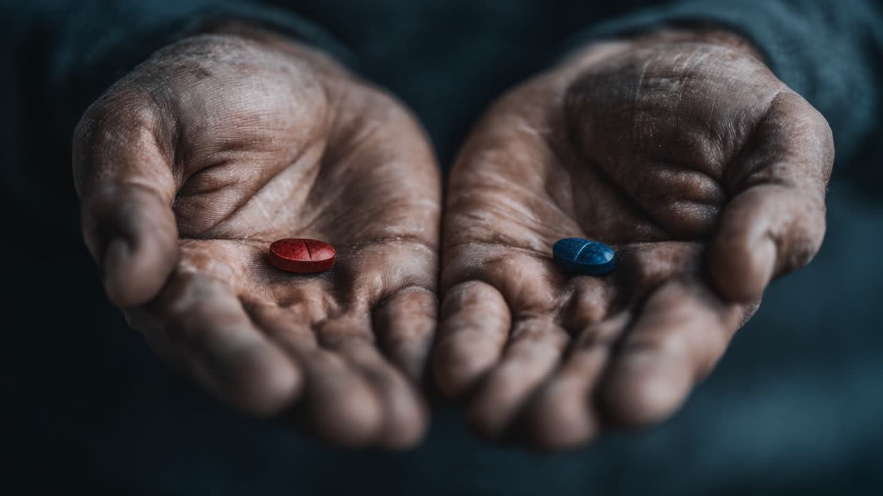 Un momento che fa riflettere: la scelta tra due percorsi distinti rappresentata da una pillola rossa e blu tenuta in mani segnate dal tempo.