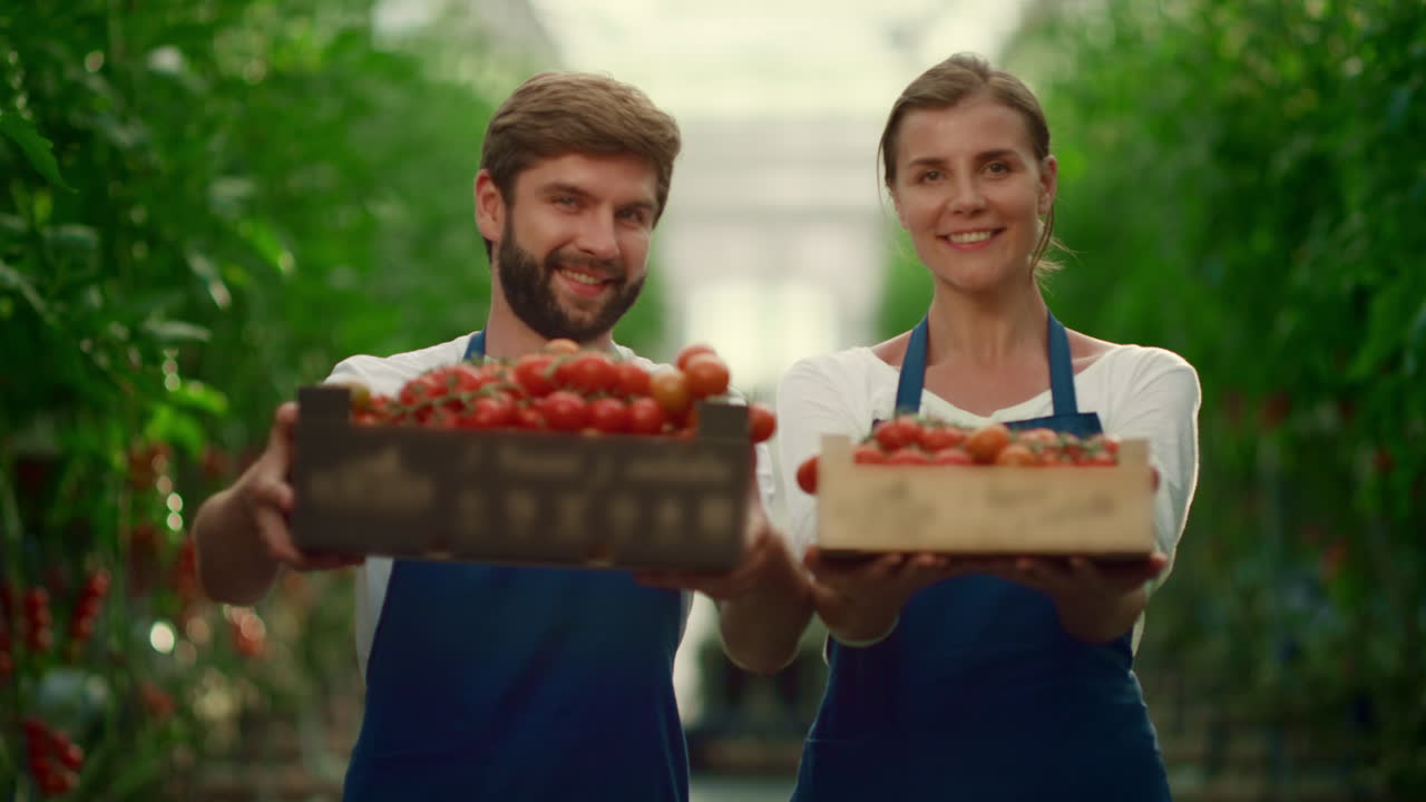 pareja de empresarios que cultivan tomates en una caja de verduras en el mercado de agricultores.
