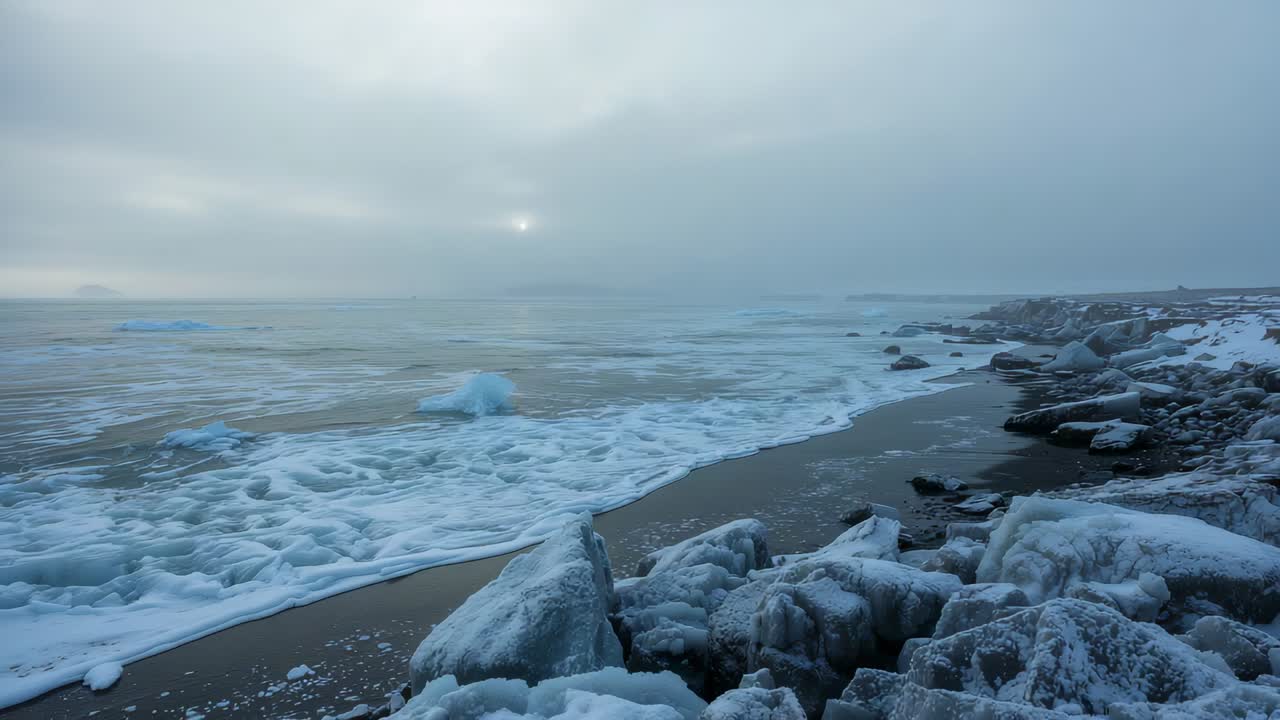 Rolling swells approaching horizon, pushing white foam onto ice-covered rocks and sandy shore