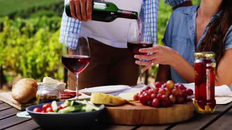 man serving red wine to woman in the farm