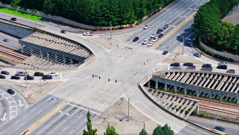 aerial view of traffic intersection in downtown atlanta in usa - drone shot