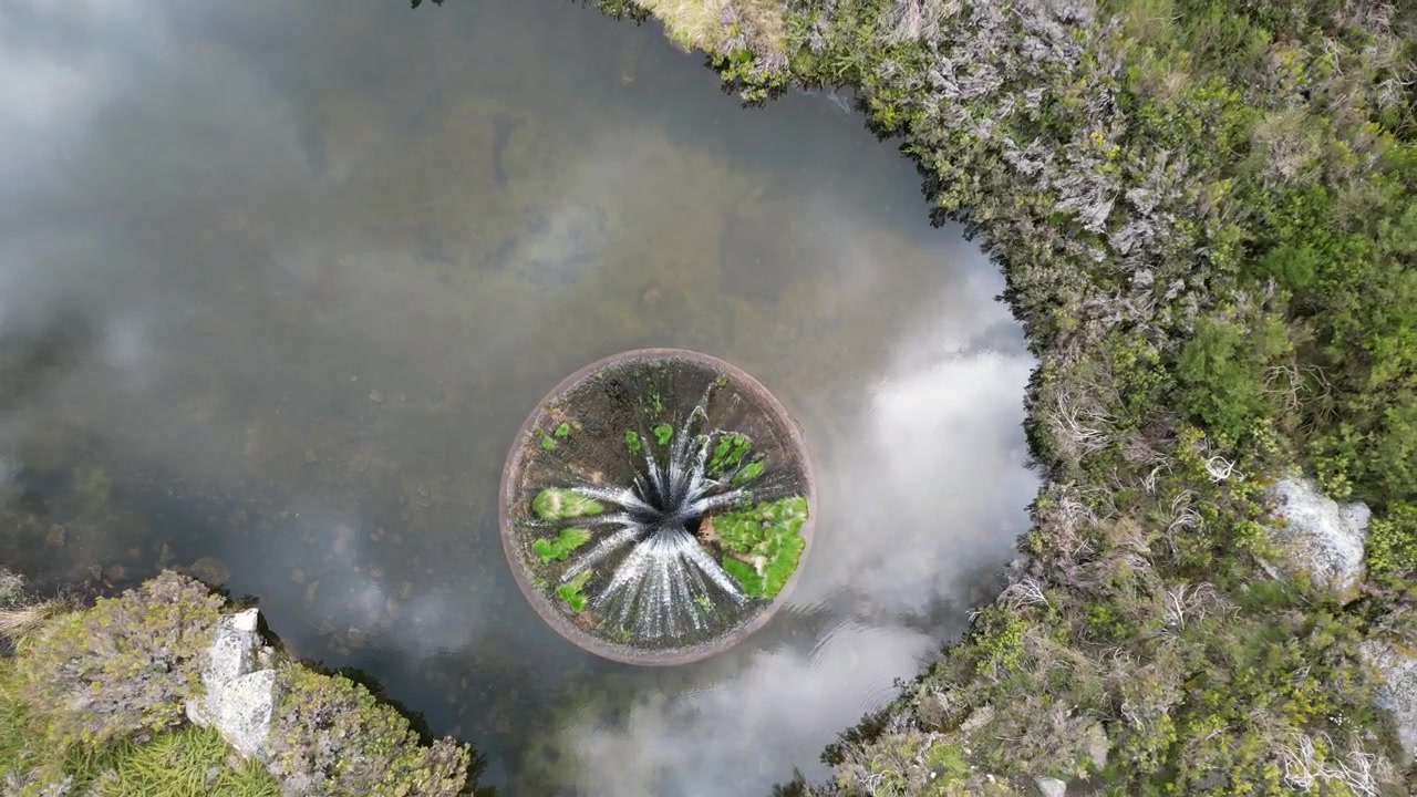 Filmagem aérea de drone do Covão dos Conchos, Portugal: lago de montanha com um vertedouro circular único rodeado pela paisagem da Serra da Estrela. Ideal para projetos de viagem e natureza.