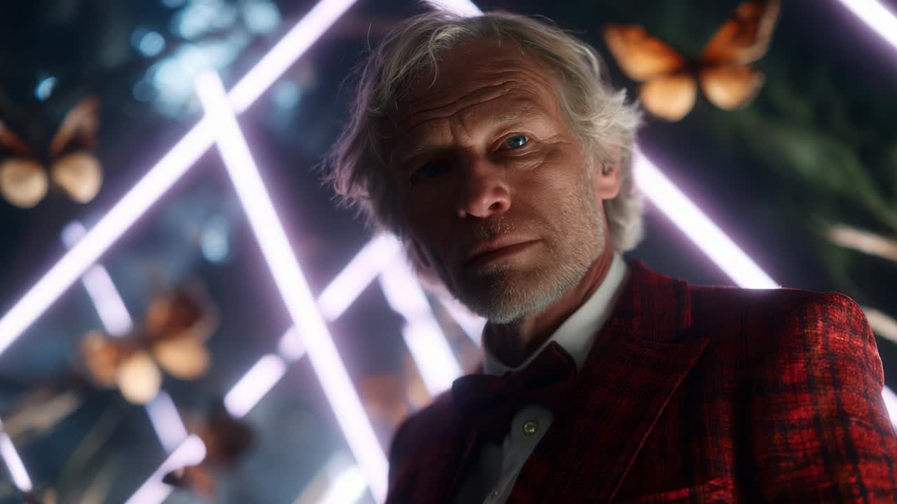 A mysterious figure stands against a backdrop of glowing geometric shapes and swirling butterflies, combining elements of fantasy and intrigue in an ethereal setting that captivates the imagination