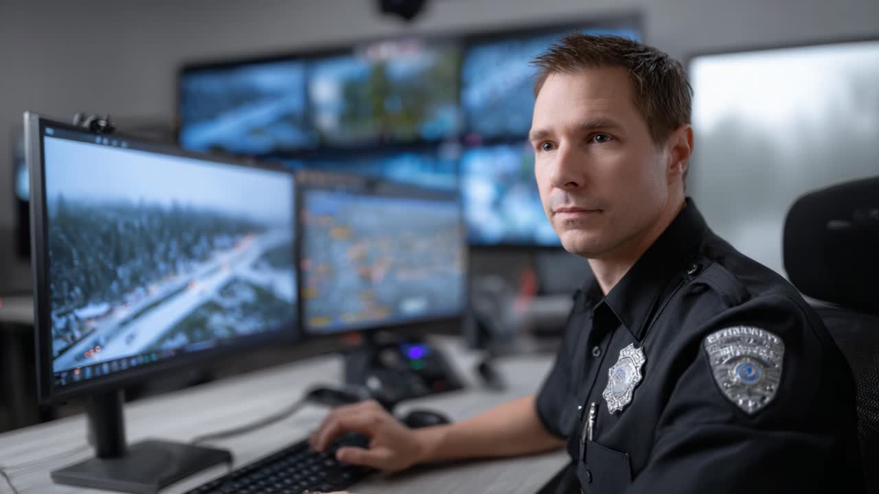 A focused police officer monitors live surveillance feeds in a sophisticated command center, ensuring public safety and responding to incidents with professionalism and vigilance