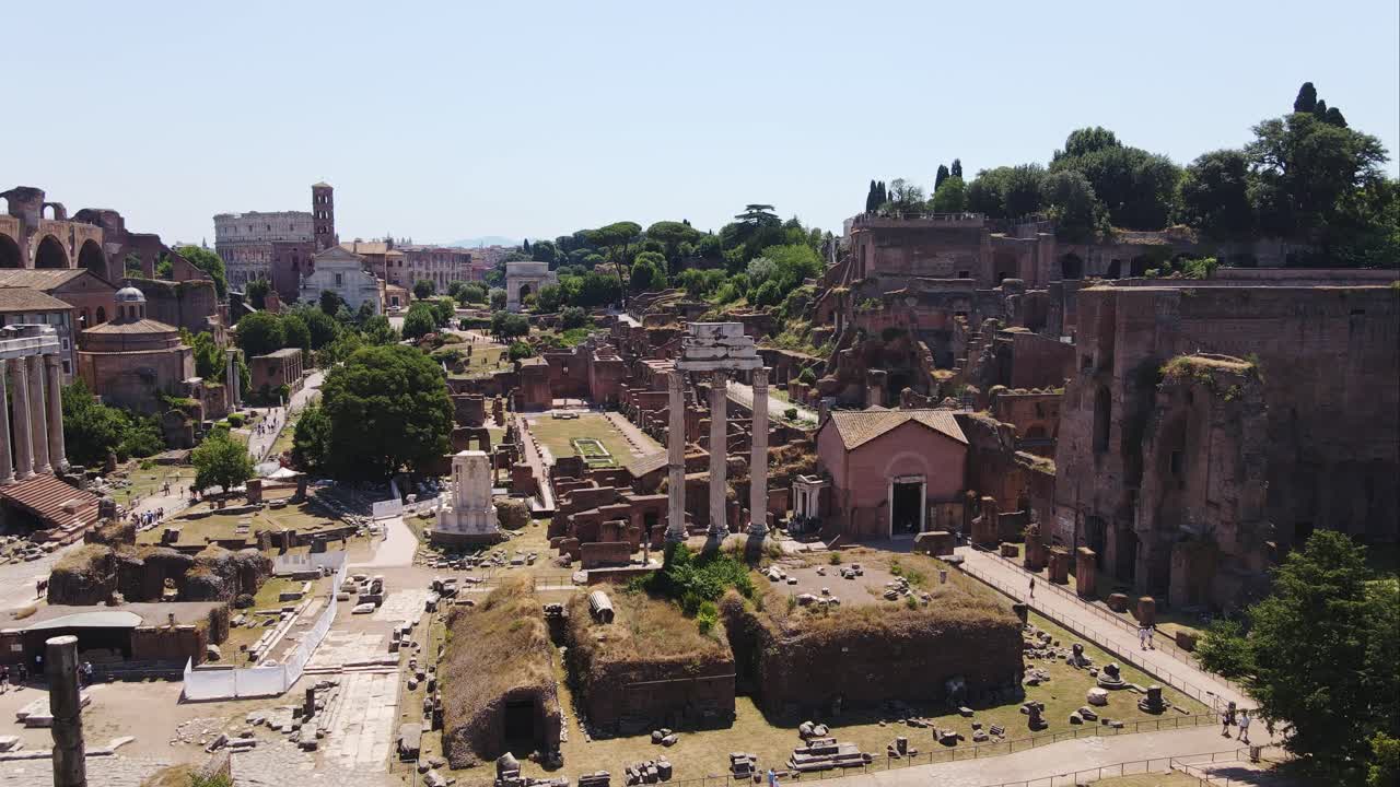 Historic aerial panorama of Rome's archaeological heart under bright daylight 4K