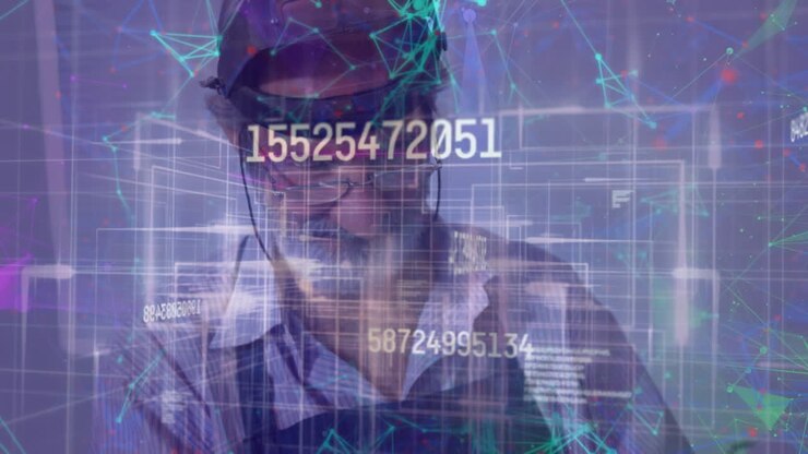 Animation of moving math formulas and data processing over senior man using tablet