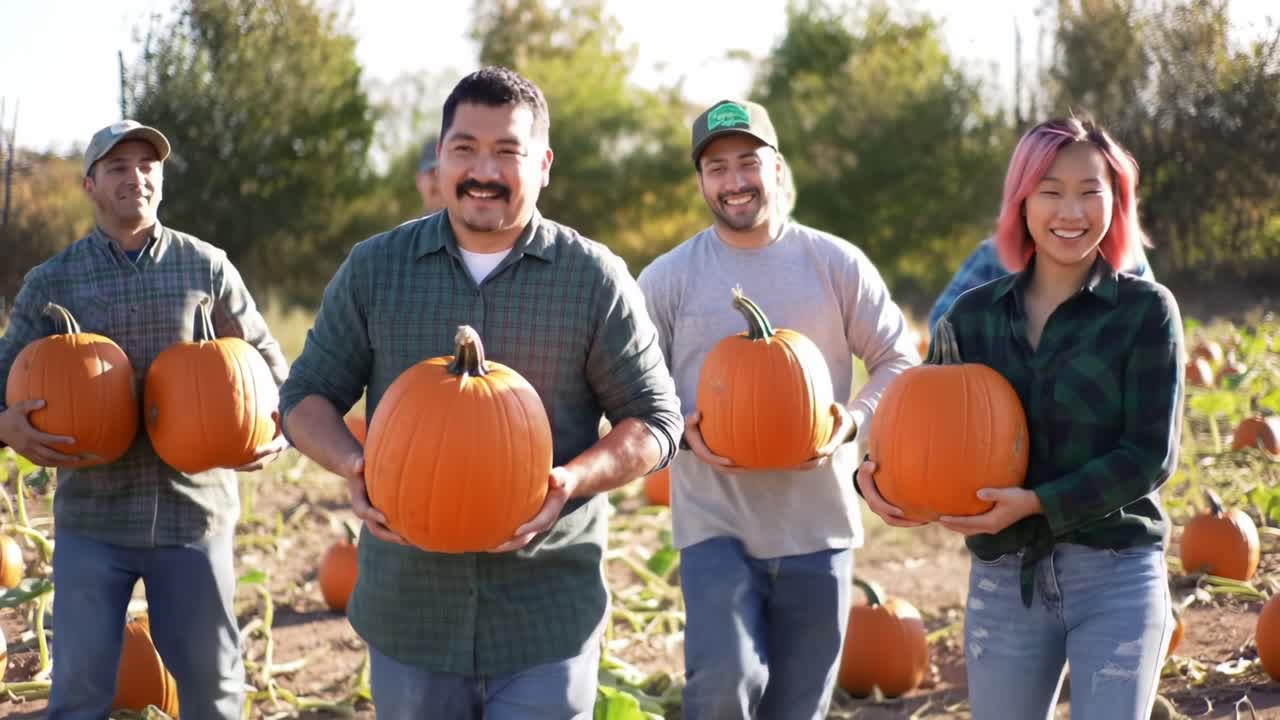 Friends Enjoy Pumpkin Picking Together in Vibrant Autumn Field Near the Farm