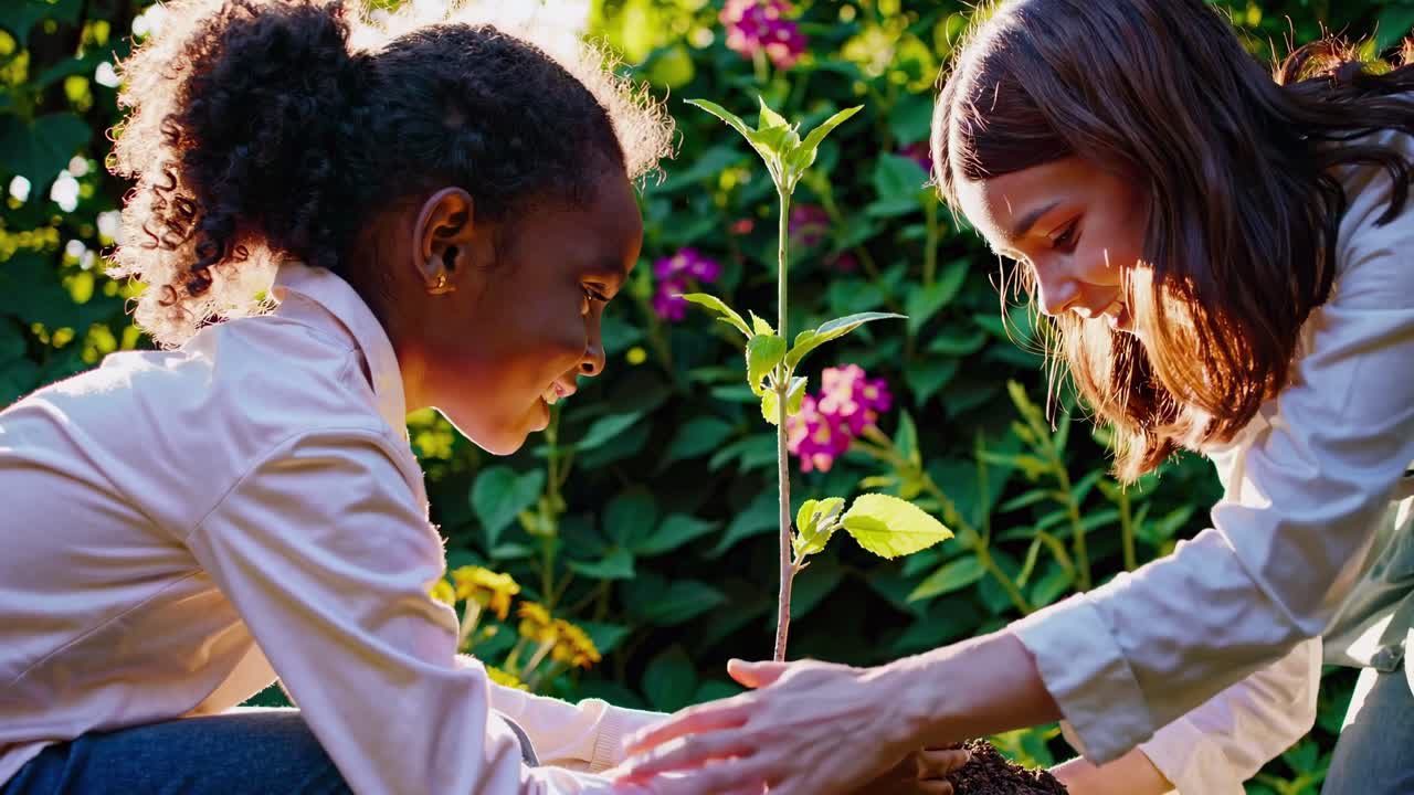 Two children planting a sapling in a garden, captured in a close-up side angle