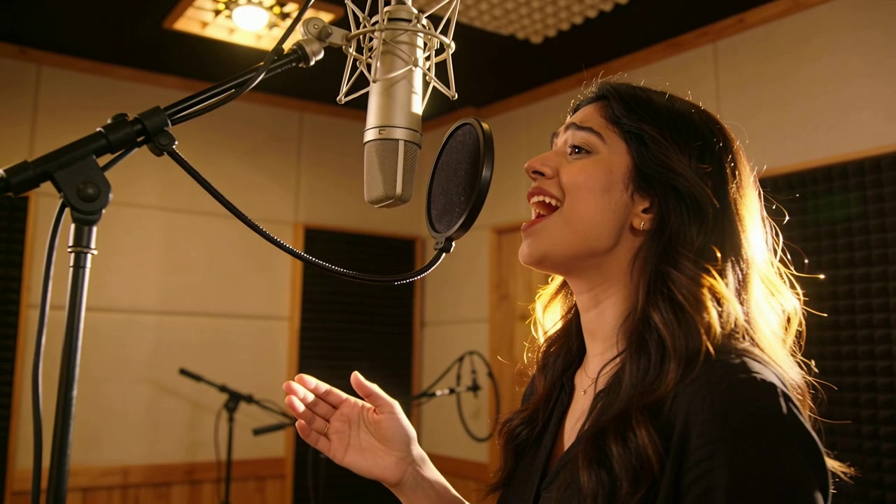 Pulsante di registrazione che avvia una cantante in camicetta scura che canta note alte in un microfono a condensatore con filtro anti-pop in studio.