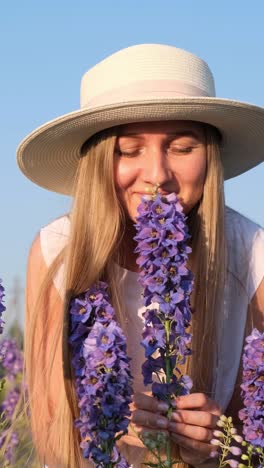 a young woman enjoying beautiful purple flowers in a sunny and vibrant field of nature a joyful woman wearing a stylish hat is delightfully smelling the beautiful purple flowers in a sunny field