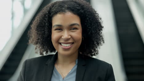 face, woman and happy lawyer in office