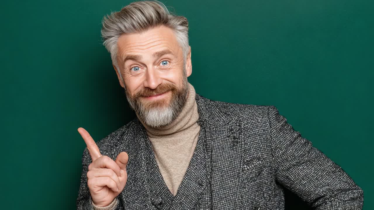 Un uomo sicuro di sé con barba e acconciatura alla moda condivide un momento di intuizione, gesticolando in modo giocoso su uno sfondo verde vibrante, mostrando carisma e fascino.