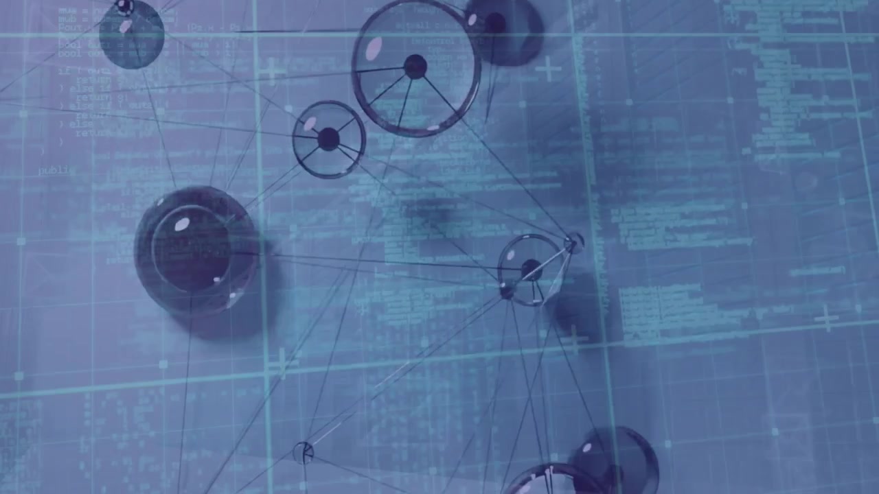 Floating spheres and rings clustering above grid pulsing around node for 3D network visualization