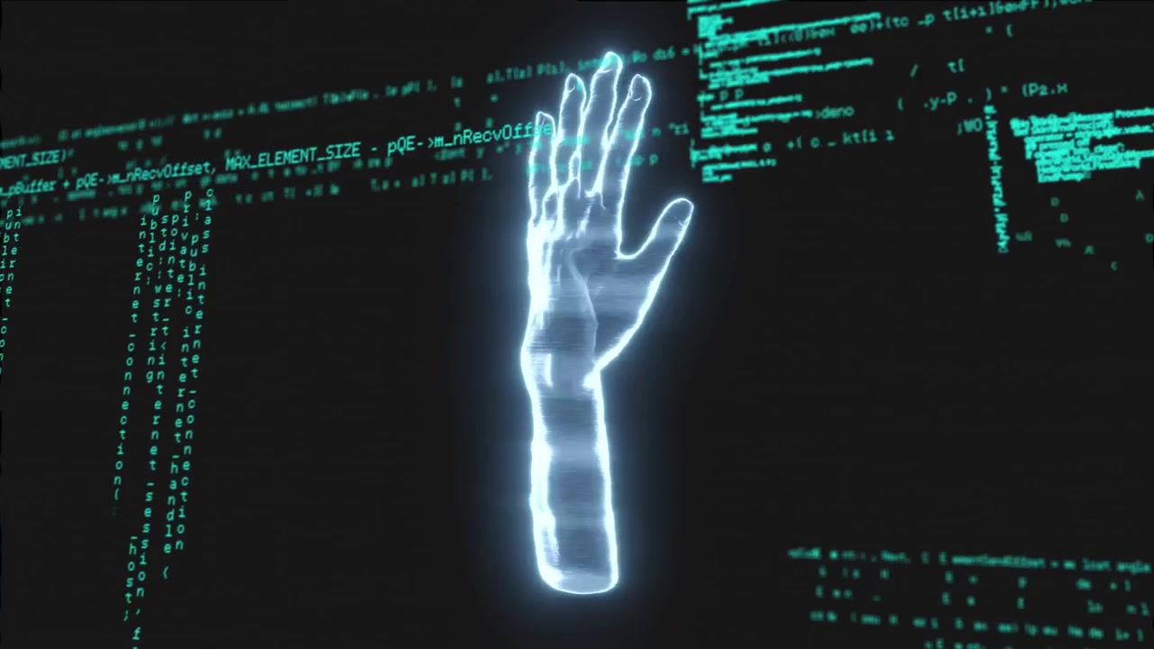 Cyan hologram forearm forming after scan, rotating, glitching, streaming code for diagnostics