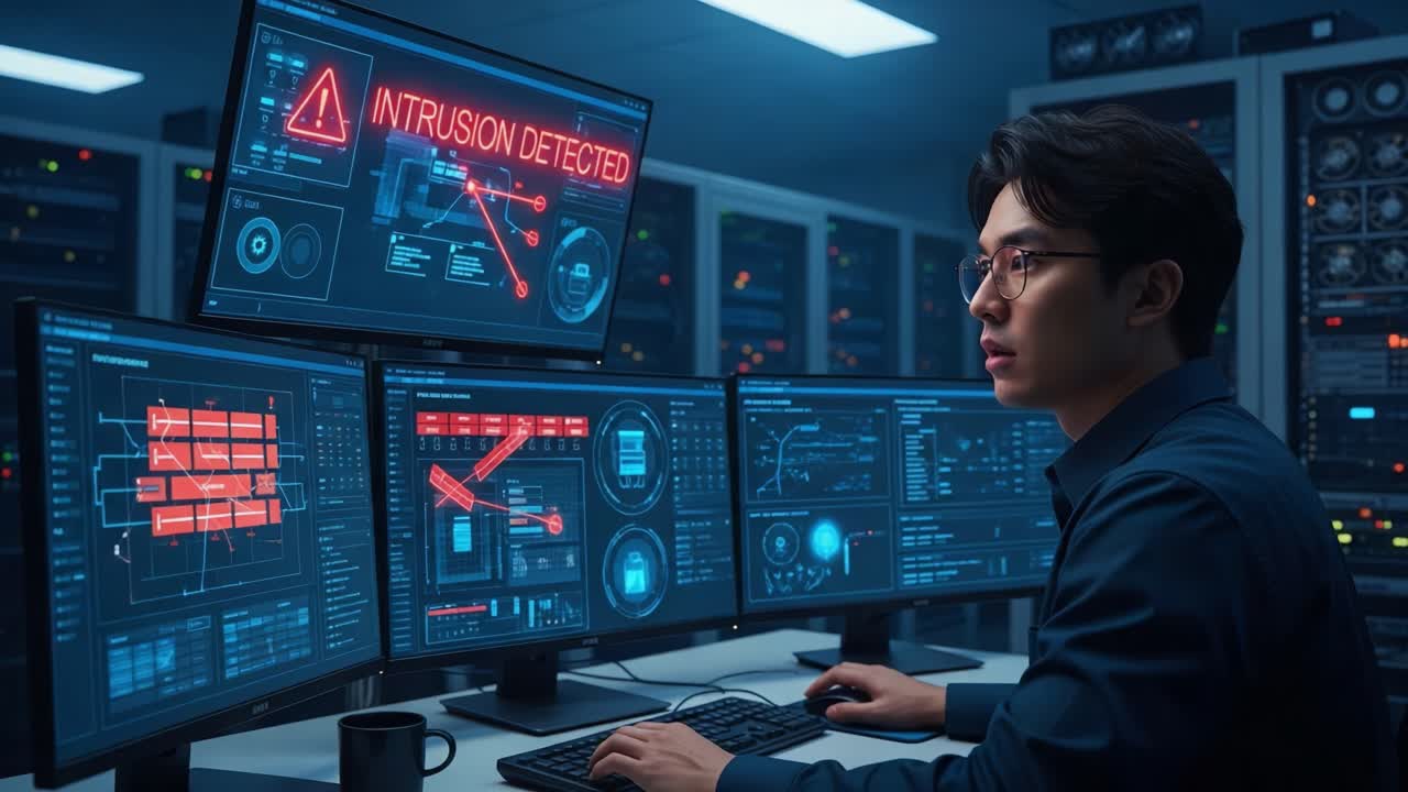 A cybersecurity analyst monitors multiple screens in a high-tech command center as an intrusion is detected, showcasing the urgent need for vigilance in our digital world.