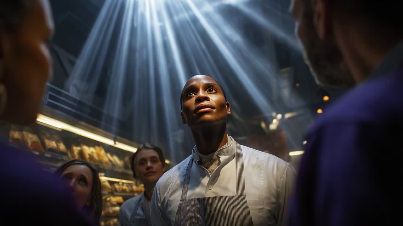 Illuminated Leader: A Captivating Moment of Inspiration in a Group Setting, Showcasing an Individual at the Center Receiving Attention in an Atmospheric Environment Enhanced by Striking Light Rays