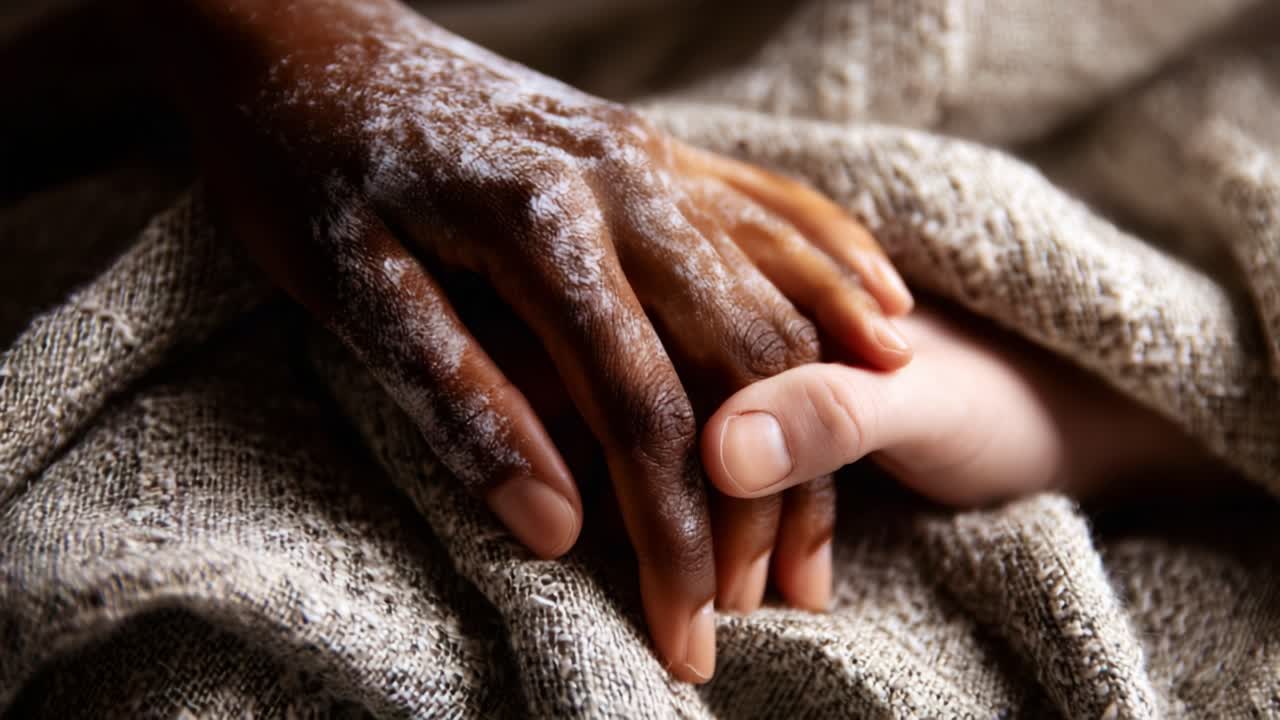 A tender moment captured as two hands intertwine, symbolizing connection and unity across different backgrounds, showcasing the beauty of human touch and compassion