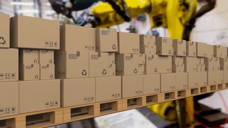 animation of stacks of cardboard boxes on conveyor belt in warehouse