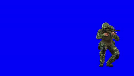 UN-soldier-wearing-military-uniform-with-combat-helmet,-face-mask,-glasses,-back-pack,-and-machine-gun,-aiming-and-walking-on-blue-screen,-3D-animation,-perspective-view