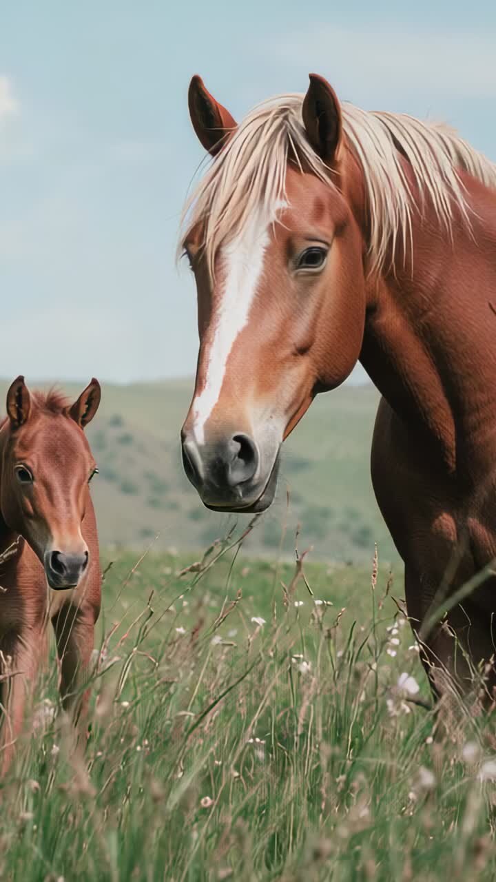 Vertical video: Turning chestnut mare lowering head, grazing in meadow, flaxen mane, foal near