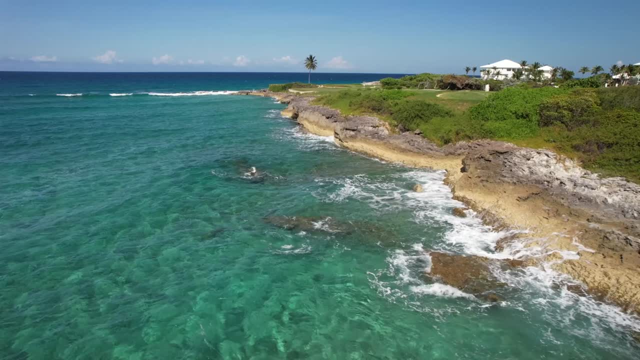 Scenic Beach Scenery With Turquoise Water In Bahamas - aerial drone shot