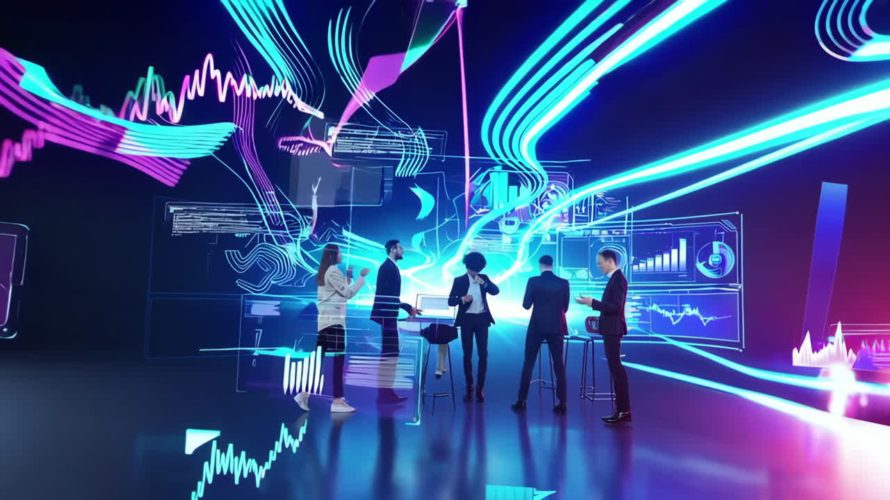 Forretningsteam, der samarbejder i et futuristisk digitalt miljø med holografiske data