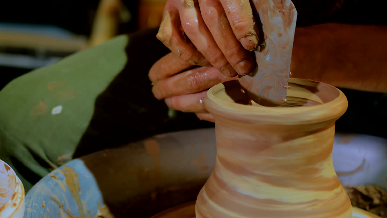 Oleiro profissional modelando vaso com ferramenta especial em ateliê de olaria