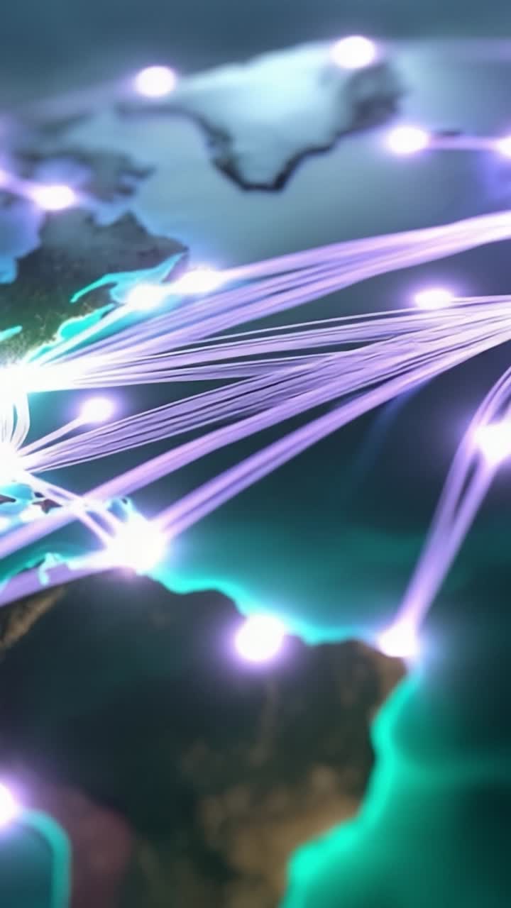 Una straordinaria visualizzazione della connettività globale con linee dinamiche di flusso di dati su mappe che rappresentano l'interazione tra continenti e oceani