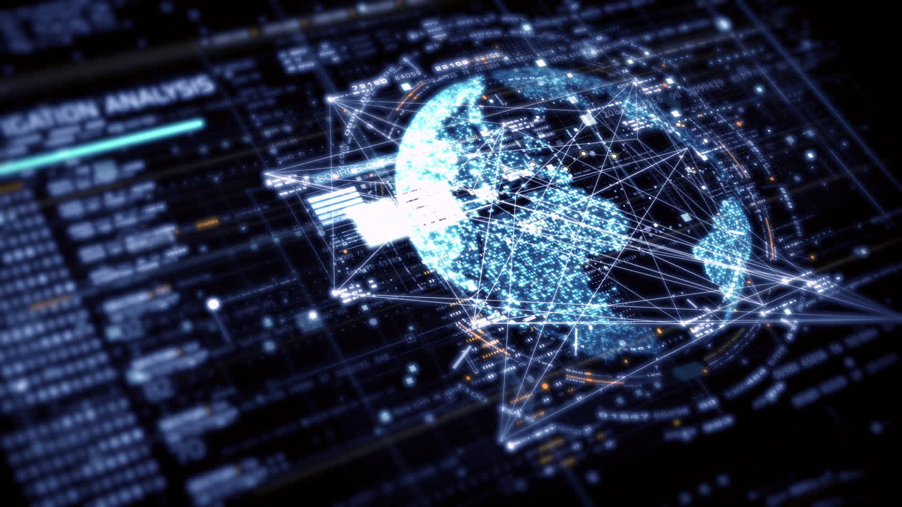 UI avanzata di simulazione di matrice di dati con un ambiente digitale all'avanguardia, con un display dinamico e coinvolgente di sistemi di reti di informazioni a matrice di dati interconnesse come sfondo