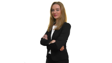 Smiling-business-woman-with-crossed-arms-on-white-studio-background