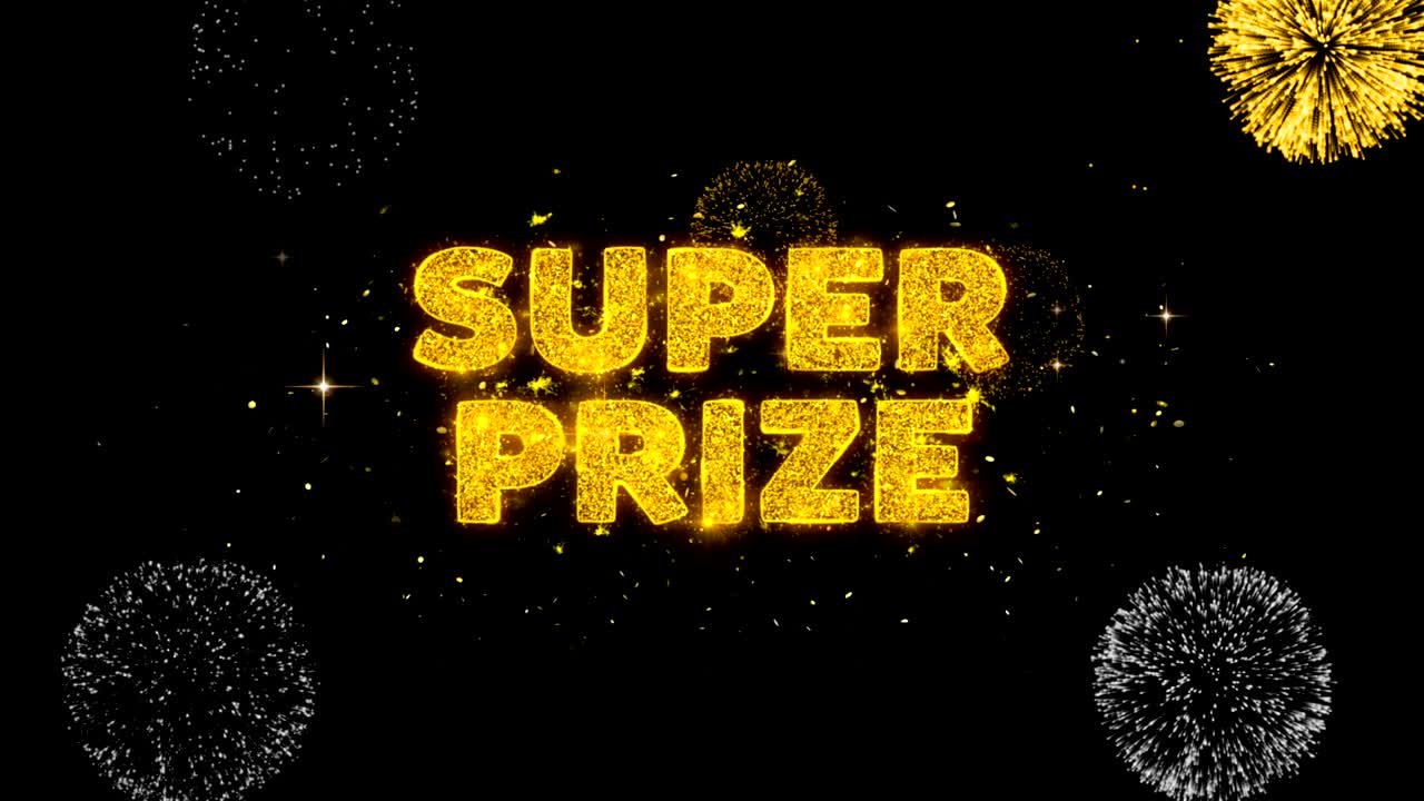 슈퍼 프라이즈 텍스트는 반이는 황금 입자 불꽃놀이에서 드러납니다.