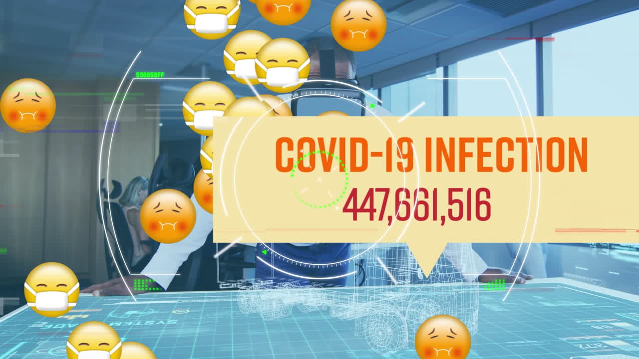 Animation of text covid 19 infection, scanner and sick emojis over man in vr headset in office