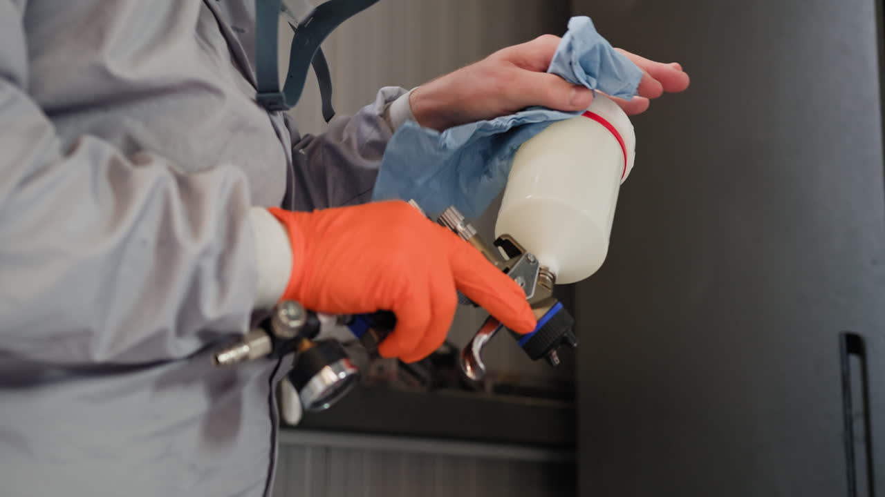 persona usando una pistola de pintura en una cabina de pintura