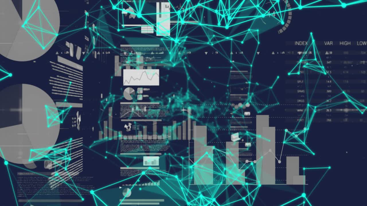 Animation of network of connections over statistical data processing against blue background