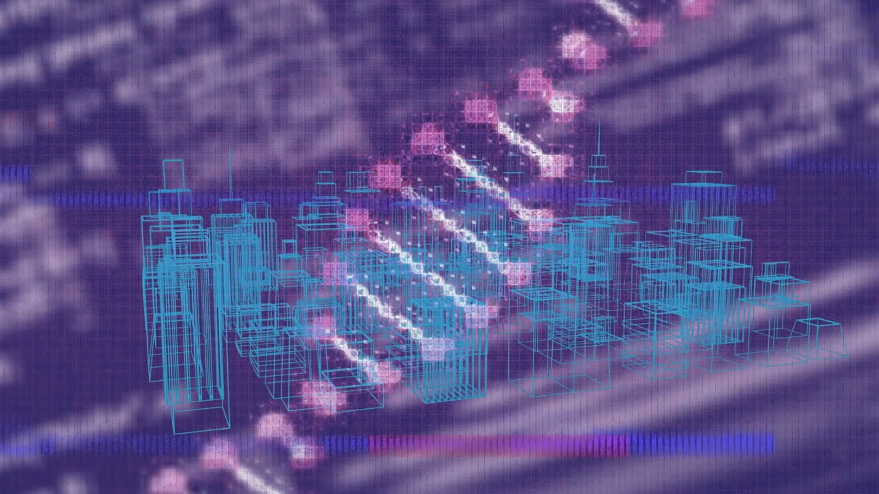 Animation of interference over dna strand and digital city with data processing