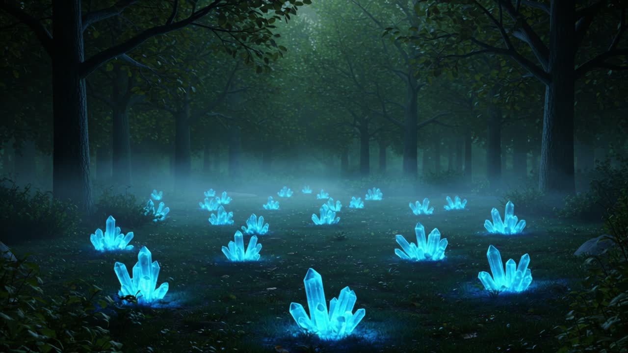 A Mystical Forest Glowing with Ethereal Blue Crystals Surrounded by Lush Greenery and Shrouded in Misty Ambiance, Creating a Dreamlike Landscape