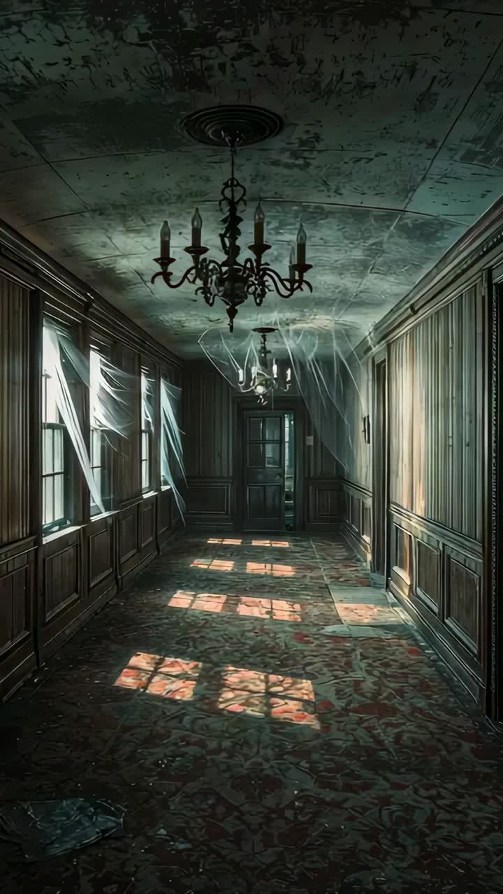 Vertical video: Gliding camera down panelled hallway, showing chandeliers, cobwebs, torn curtains