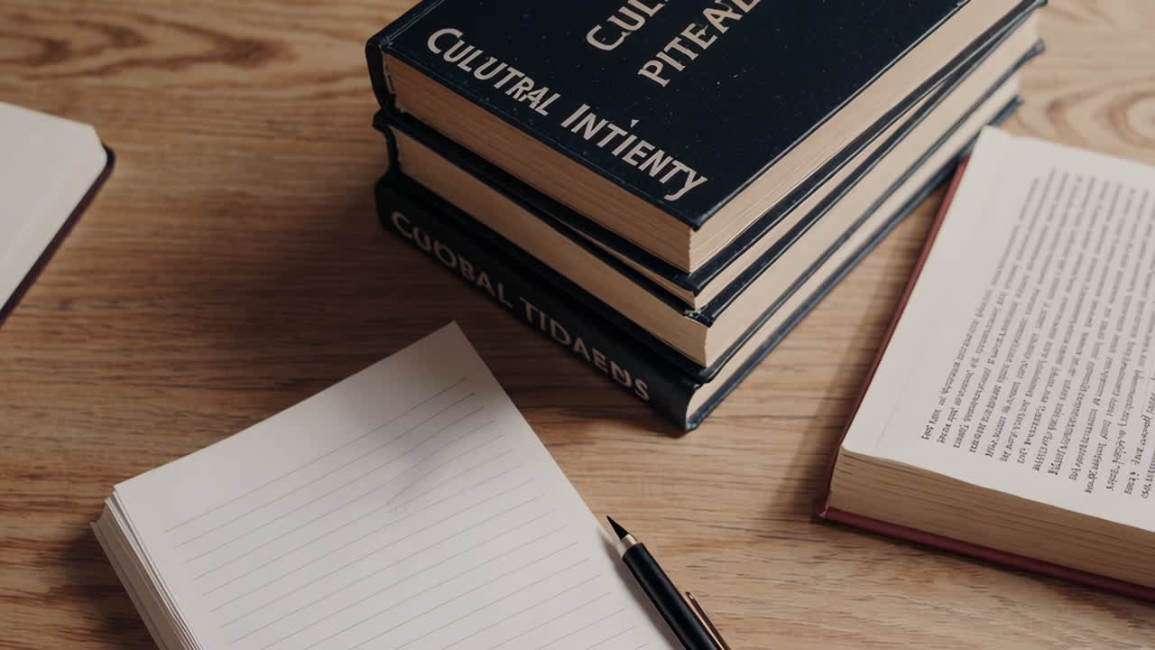 Books, Notebook, and Pen on a Wooden Table