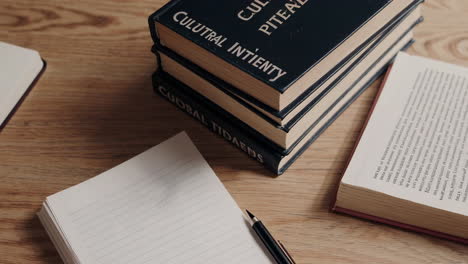 books, notebook, and pen on a wooden table