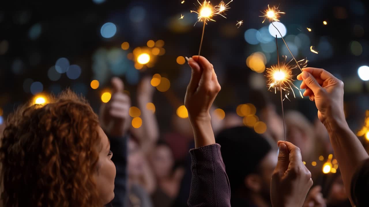 Uma cena de celebração com pessoas segurando estrelinhas com alegria, emitindo faíscas brilhantes contra um fundo noturno sonhador, cheio de luzes bokeh coloridas.