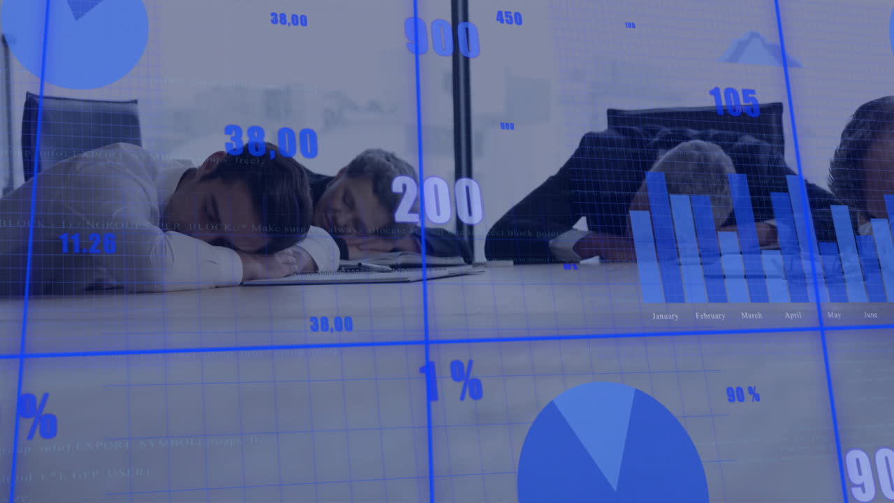 사무실에서 잠을 자는 다양한 동료들에 대한 금융 데이터 처리의 애니메이션