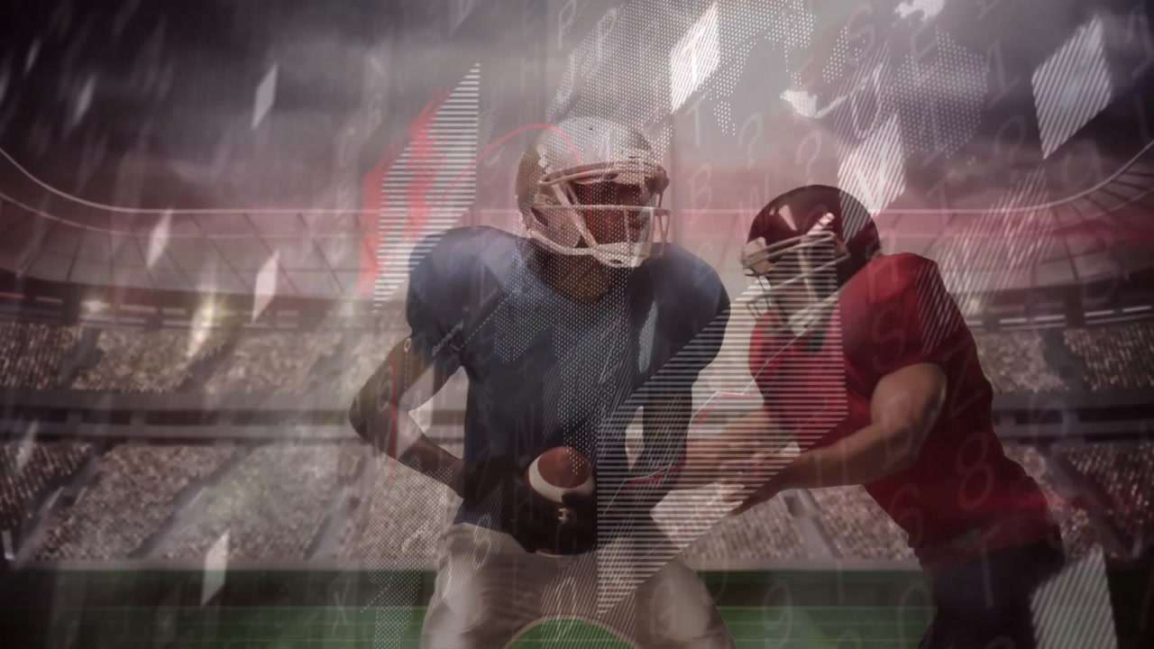On ball arrival blue player catching football before red defender tackling with sports data overlay
