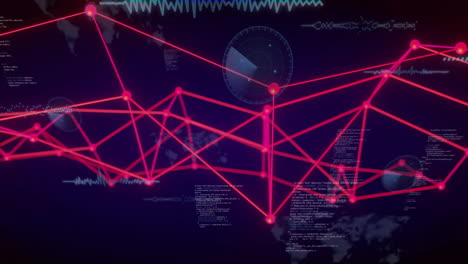 Rote-Netzwerkverbindungen-Und-Datenverarbeitungsanimation-über-Dem-Weltkartenhintergrund