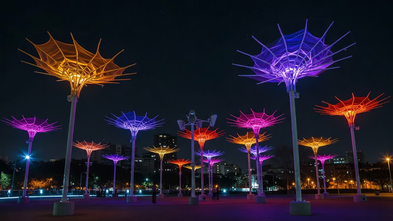 A Mesmerizing Display of Colorful Umbrella-Like Structures Illuminated at Night, Creating a Captivating Scene in a Modern Urban Landscape