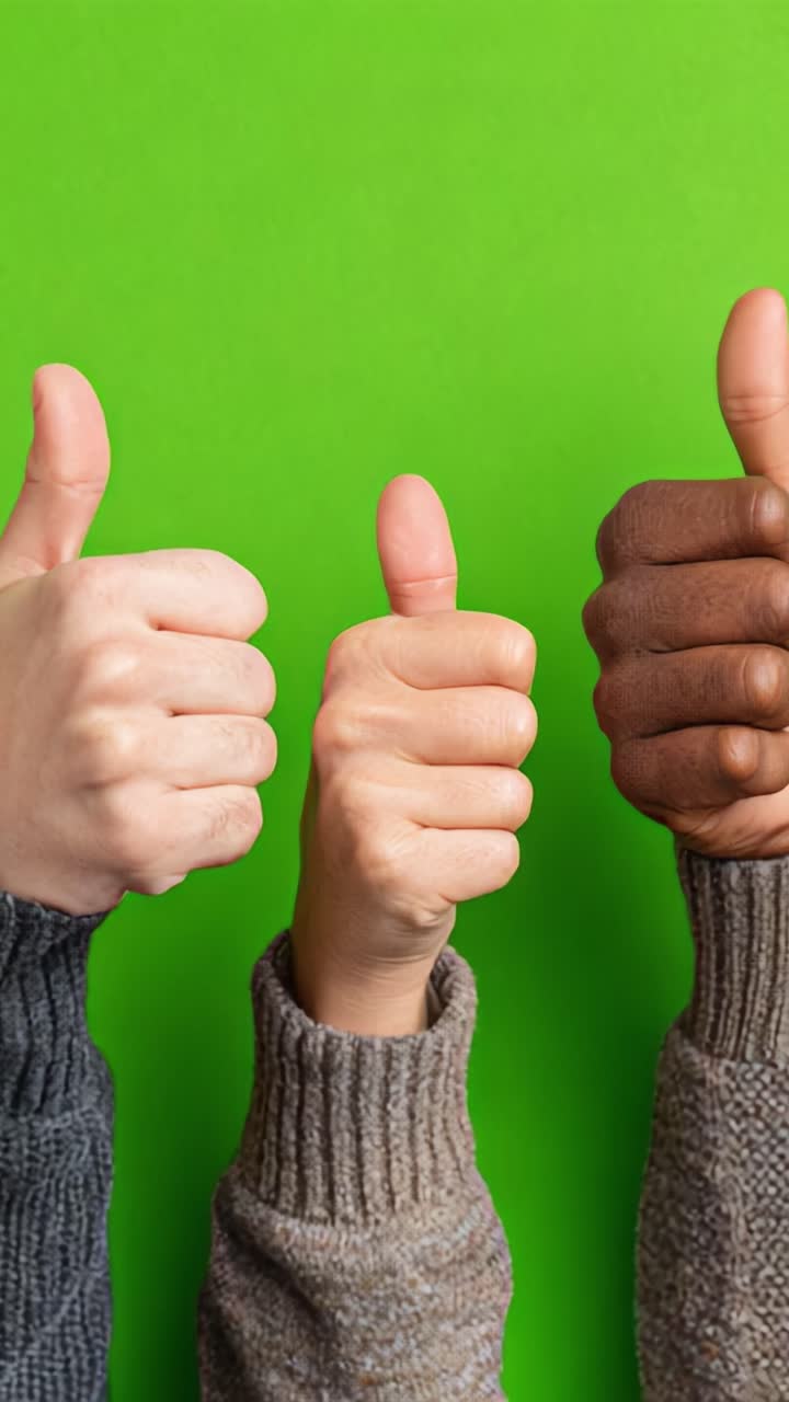 Birlikteliği Kutlamak: Parlak Yeşil Bir Arka Planda Farklı Ellerle Destekleyici ve Canlı Bir “Thumbs Up” Gösterisi
