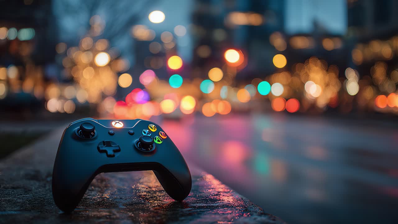 A Close-Up of a Game Controller Against a Softly Blurred City Background, Capturing the Essence of Gaming Amidst Urban Lights and Motion