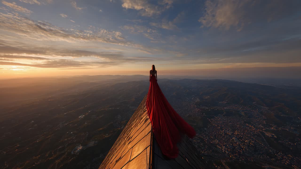 A Enigmatic Figure Dressed in a Flowing Red Gown Stands at the Edge of a Scenic Overlook, Bathed in the Warm Glow of a Splendid Sunset Over a Vast Landscape