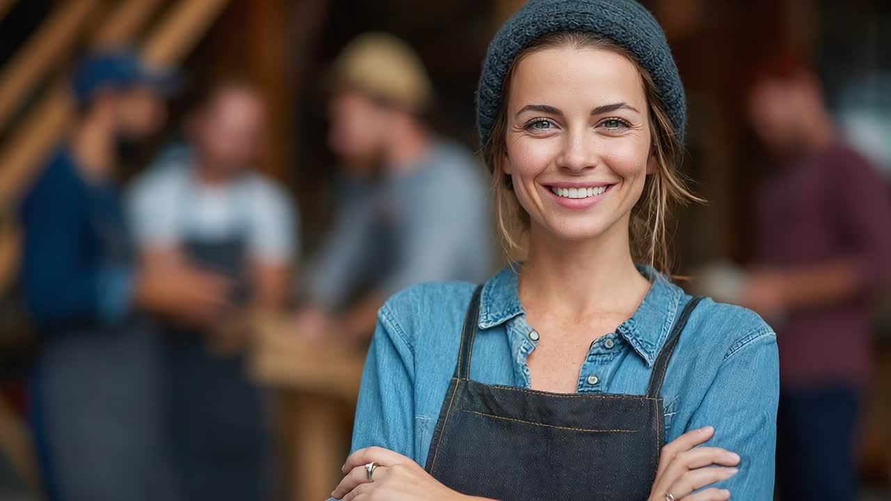 Ein erfahrener Handwerker lächelt in der Werkstatt, während KollegInnen in der Nähe arbeiten