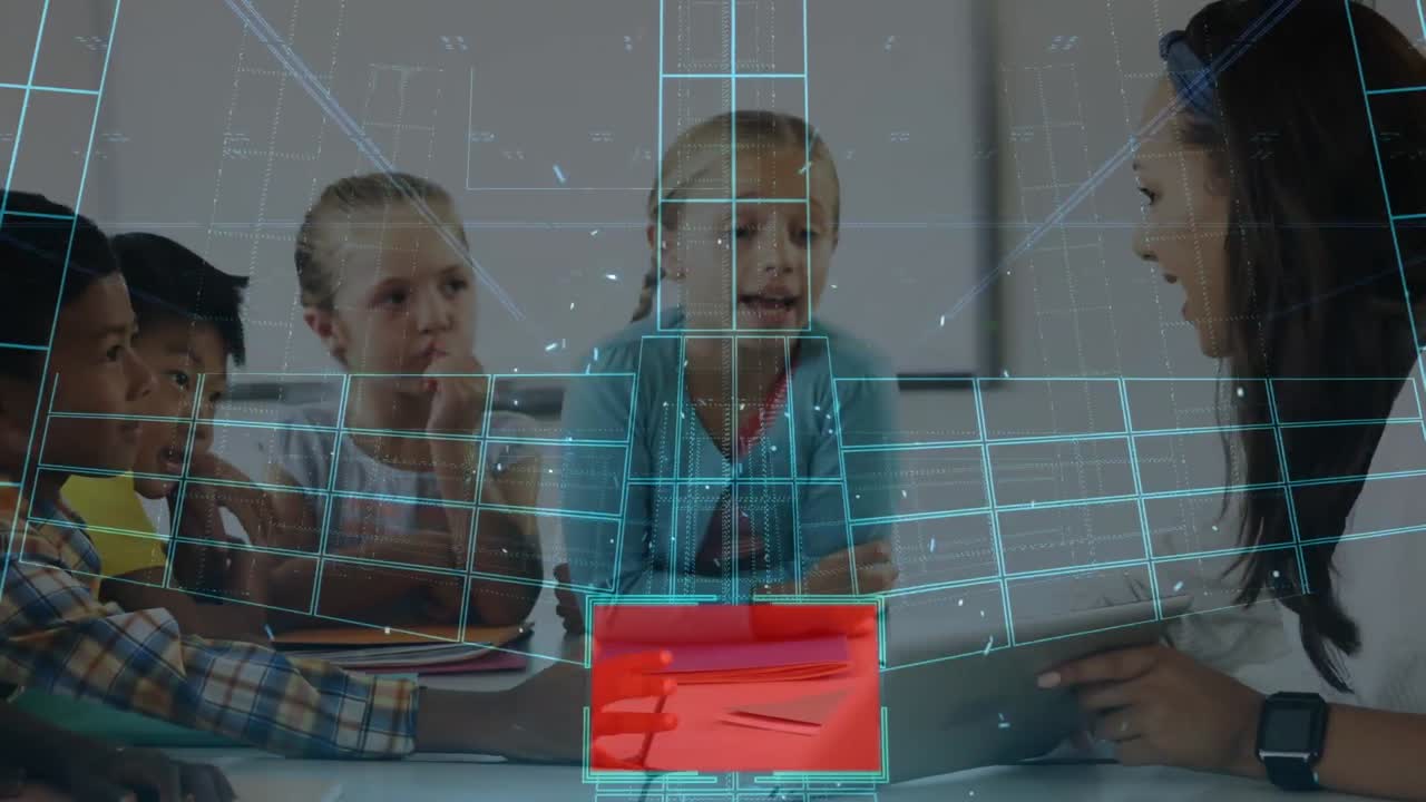 animación de pantalla digital sobre maestra biracial y clase de alumnos diversos